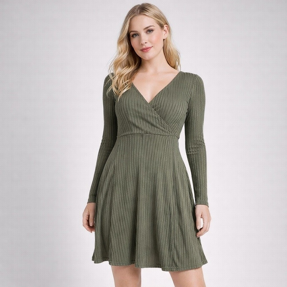 American Eagle Soft‎ & Sexy Dress Womens XS Green Ribbed Knit Wrap Skater Ballet